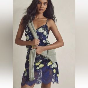 Free people Sun Fade Floral Blue and Yellow Lace Slip Mini Dress